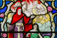 Elisha and his servant. Glass by Skeat in a bottom panel of a Warrington window. Circa 1960.